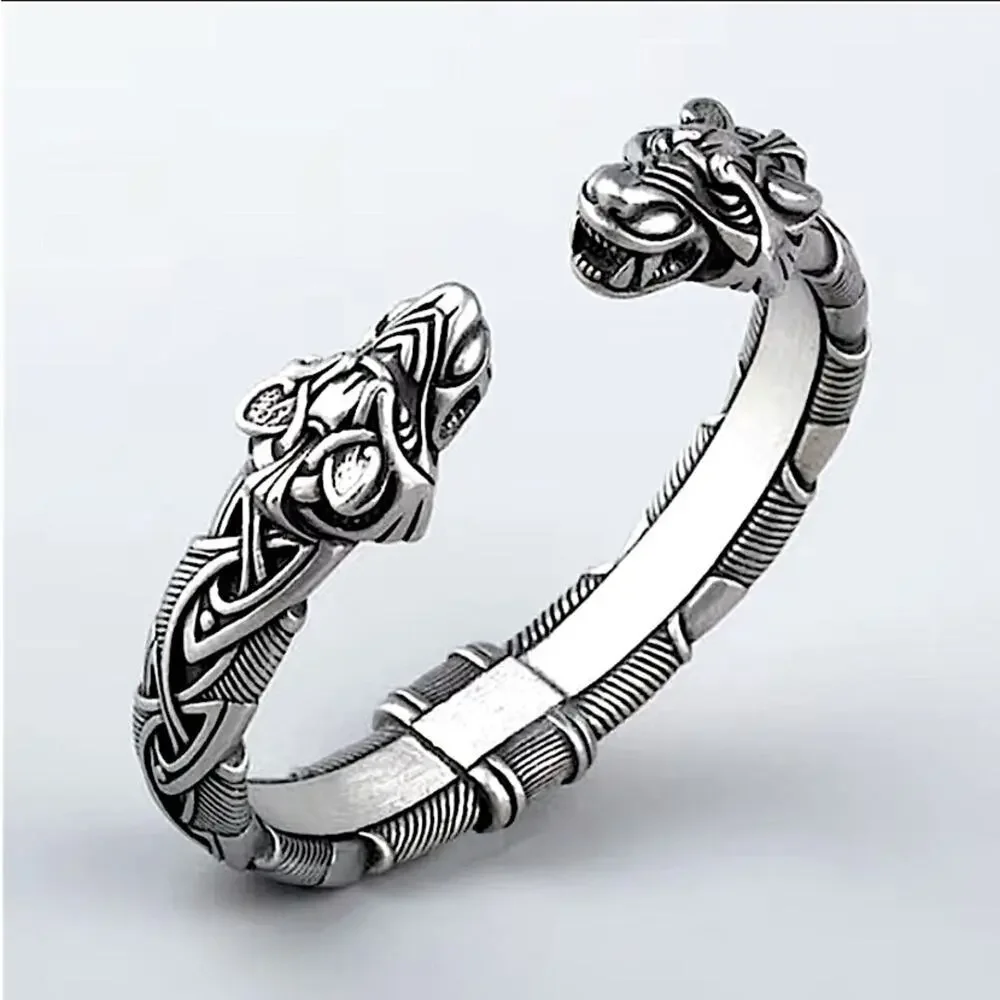 Silver Wolf Head Viking Norse Knotwork Cuff Bangle Bracelet